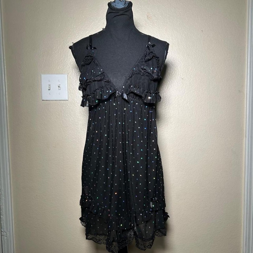 Y2K Black Ruffle Babydoll Dress Sequin Sheer Iridescent Polka Dot Gothic M/L